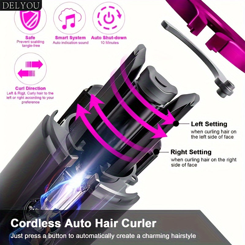 5 Heat Settings DELYOU Auto-Curler for Luscious Locks - Ceramic, Anti-Scald, Tangle-Free, Quick Charge USB Rechargeable