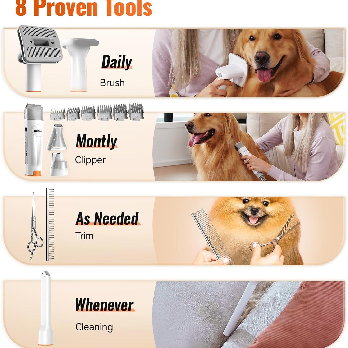 Dog Grooming Kit, 8 in 1 Dog Brush Vacuum Attachment with Dog Clippers Nail Trimmer Grinder Pet Brush Shedding Brush