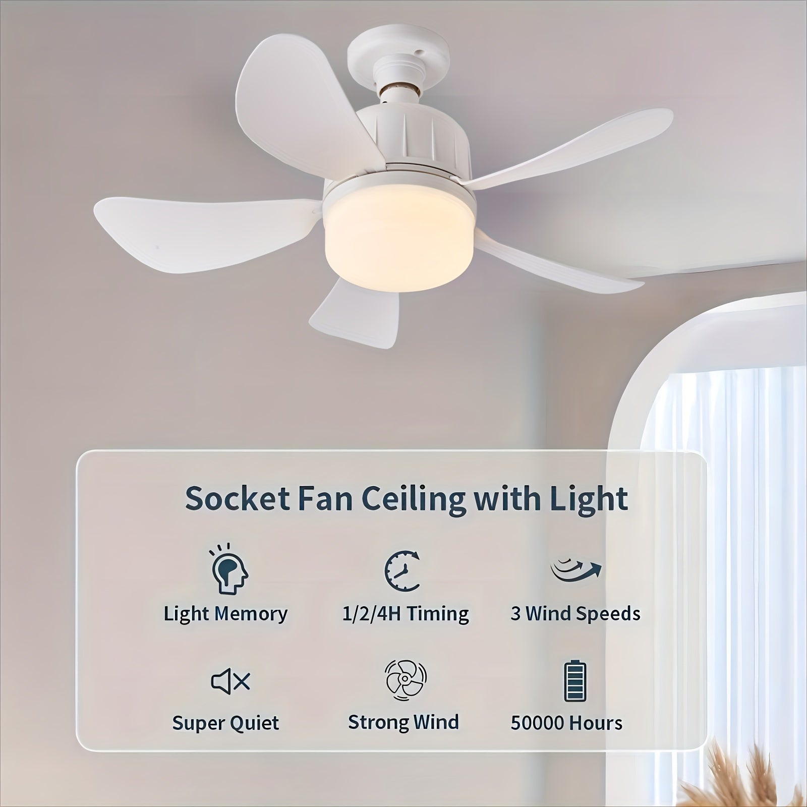 1 PC Socket Fan Ceiling Fan With Light And Remote, E27 Noiseless Ceiling Fans Dimmable Led Lights