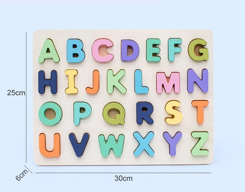 Wooden Numbers Letters Alphabet Shape Enlightenment Education Cognitive 3D Grab Board Puzzle For Baby Preschool Toys