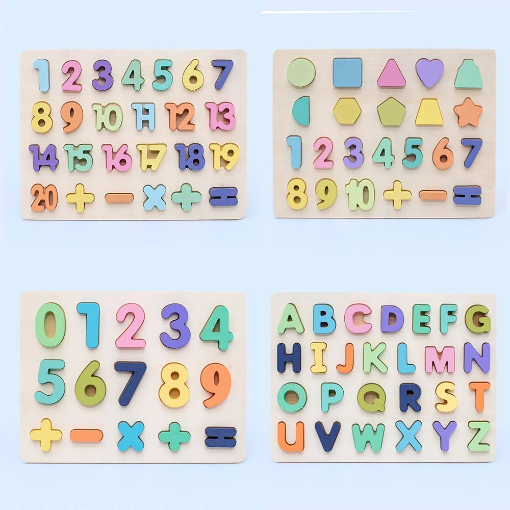 Wooden Numbers Letters Alphabet Shape Enlightenment Education Cognitive 3D Grab Board Puzzle For Baby Preschool Toys