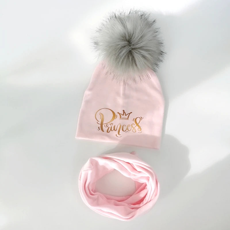 Baby Hats set for Girls golden letter princess prince crown Hat Boy Hat kintted Cotton Children Scarf Collar Caps Kid Beanie set