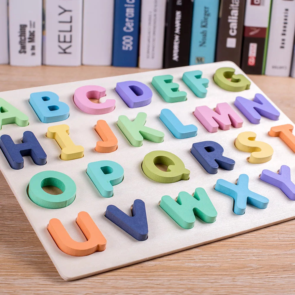 Wooden Numbers Letters Alphabet Shape Enlightenment Education Cognitive 3D Grab Board Puzzle For Baby Preschool Toys