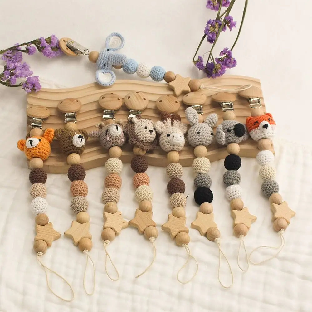 Baby Wooden Pacifier Clip Wood Crochet Cartoon Teething Soother Chain