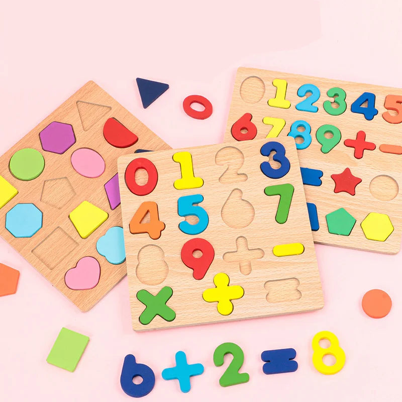 Kids Alphabetic Arithmetic Number Geometric Shapes Wooden Puzzle Montessori Preschool Learning Educational Game Toy for Children