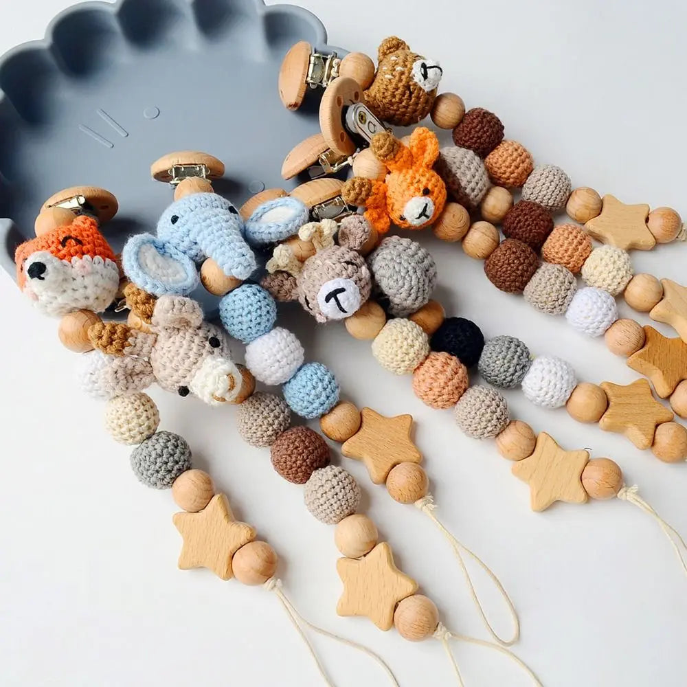 Baby Wooden Pacifier Clip Wood Crochet Cartoon Teething Soother Chain