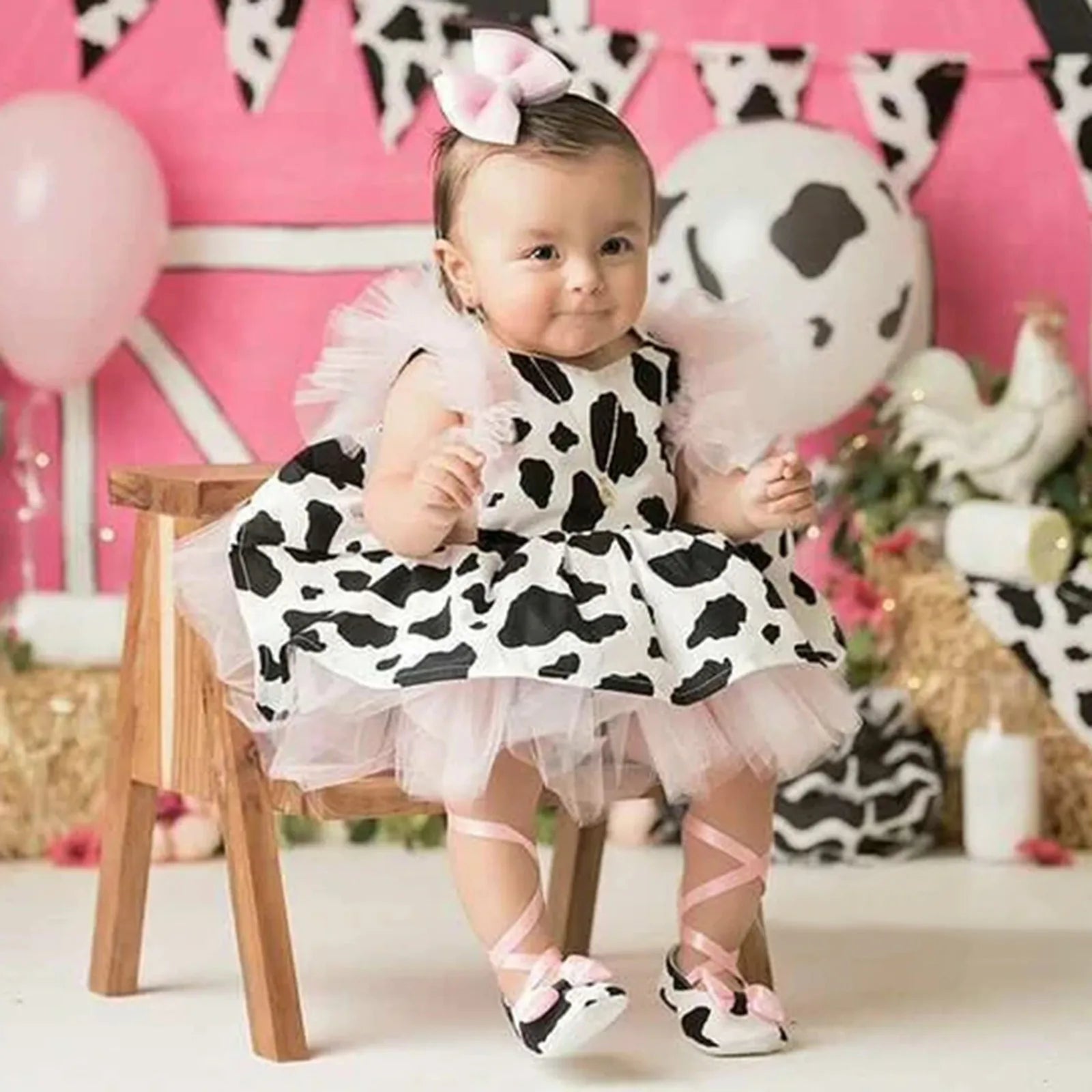 Toddler Baby Girls Romper Dress Headband Sets Infant Cow Print Tulle Clothes