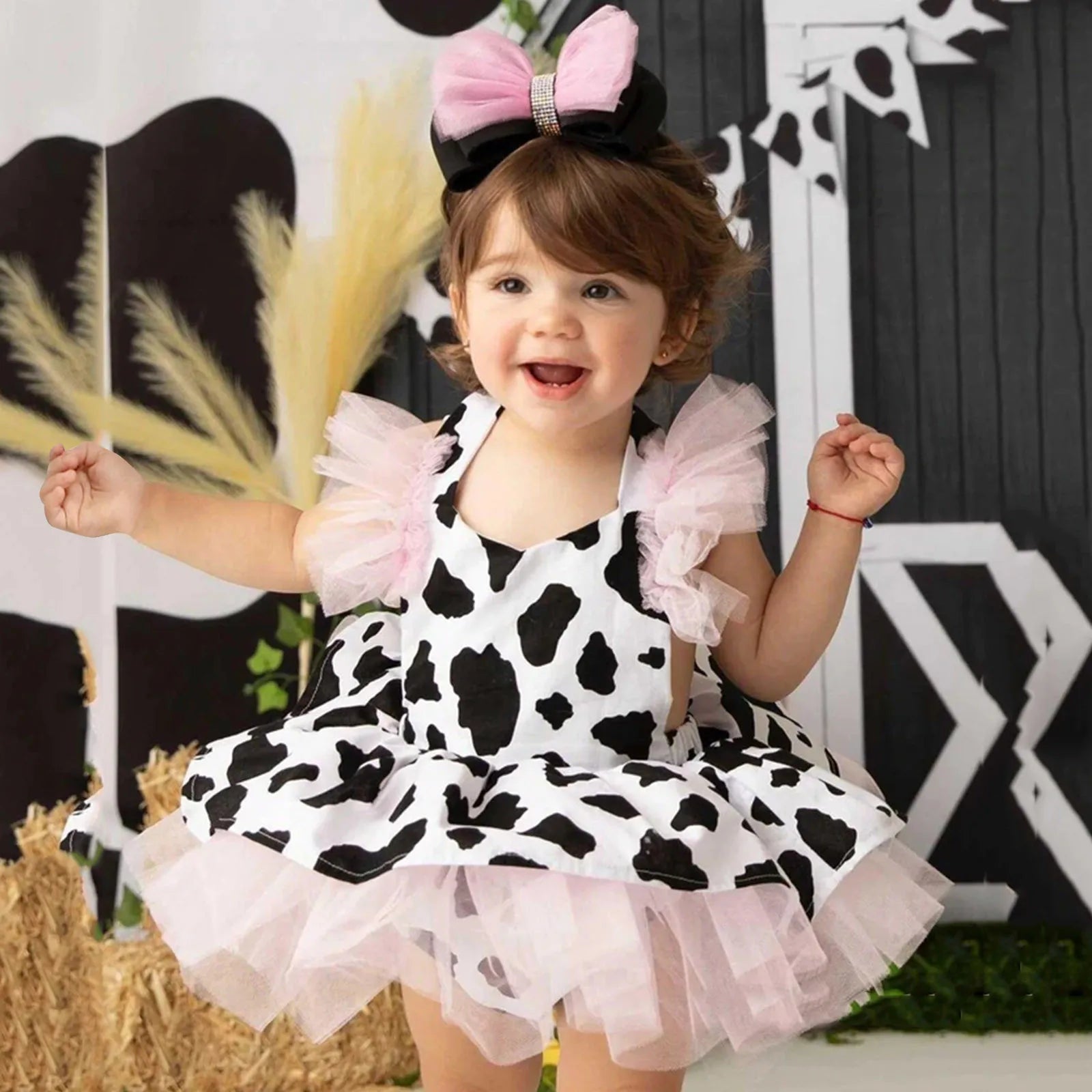 Toddler Baby Girls Romper Dress Headband Sets Infant Cow Print Tulle Clothes